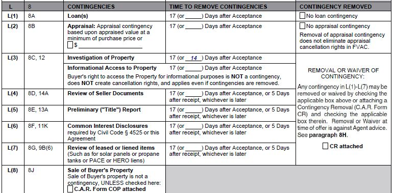 Contingencies Section of California Residential Purchase Agreement