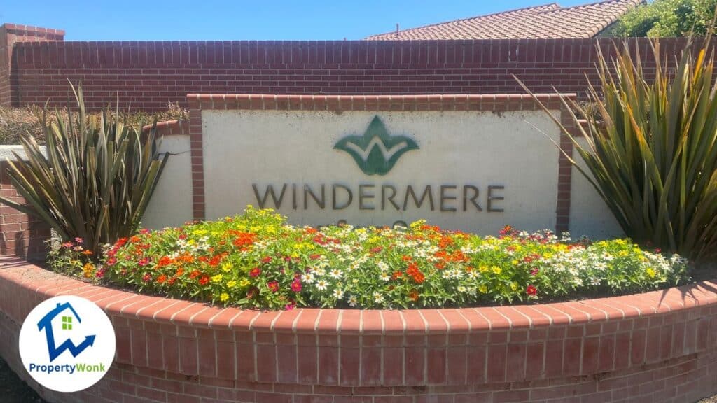 Signage at the entrance to the Windermere at Seven Oaks neighborhood in Bakersfield.