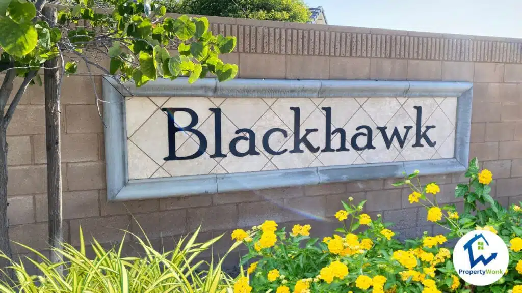 Signage at the entrance to the Blackhawk neighborhood in Bakersfield.