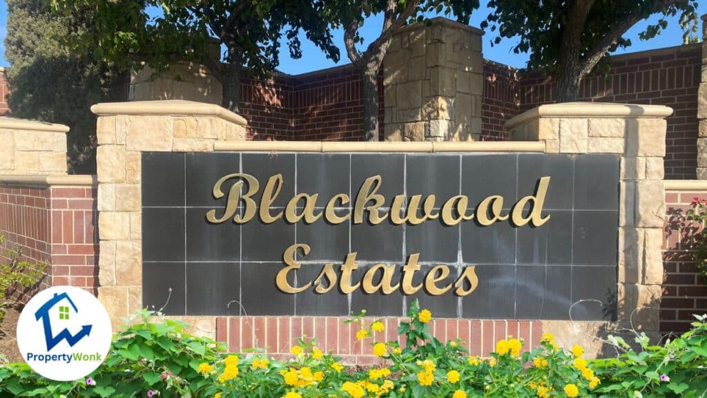 Signage at the entrance to the Blackwood Estates neighborhood in Bakersfield.