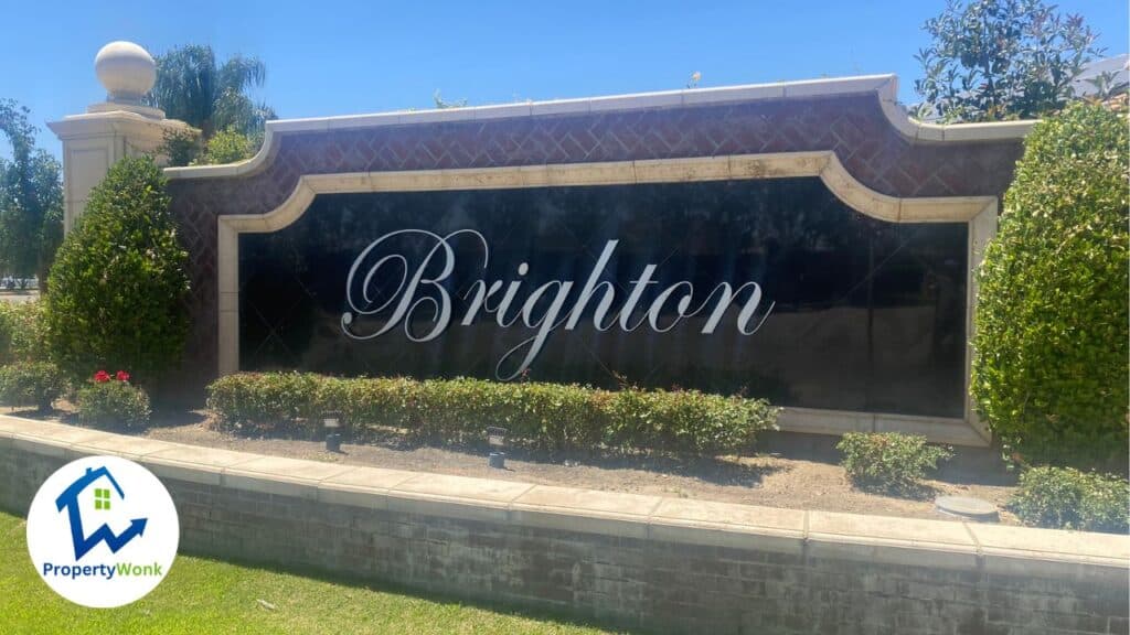 Signage at the entrance to the Brighton Village neighborhood in Bakersfield.