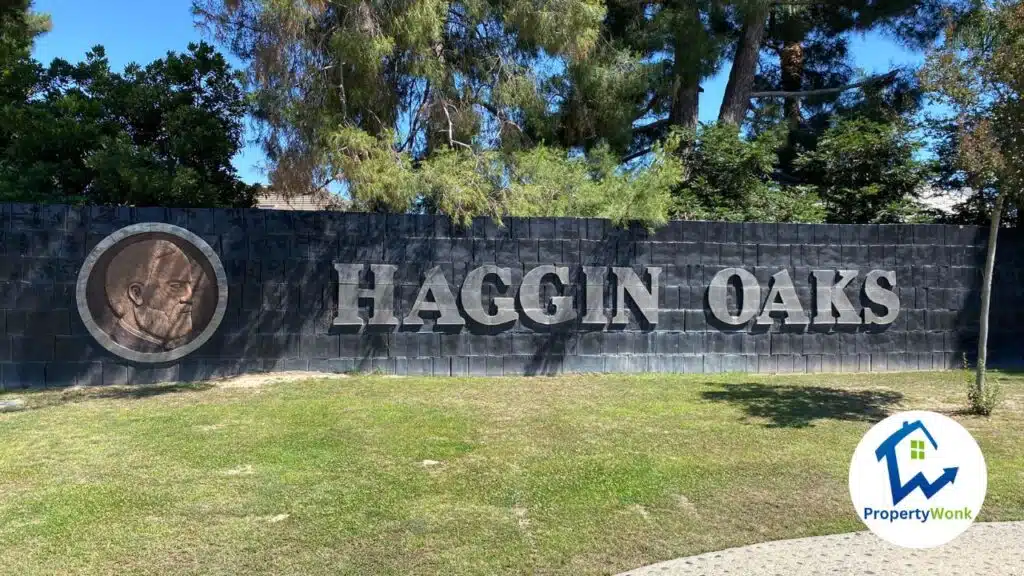 Signage at the entrance to the Haggin Oaks neighborhood in Bakersfield.