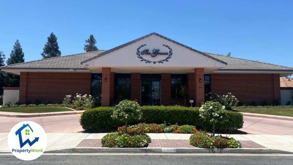 The clubhouse at the entrance to the The Greens neighborhood in Bakersfield.