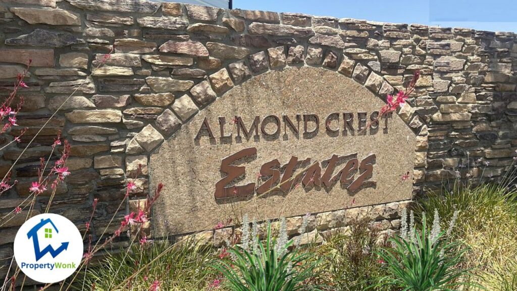 Signage at the entrance to the Almond Crest Estates neighborhood in Bakersfield.