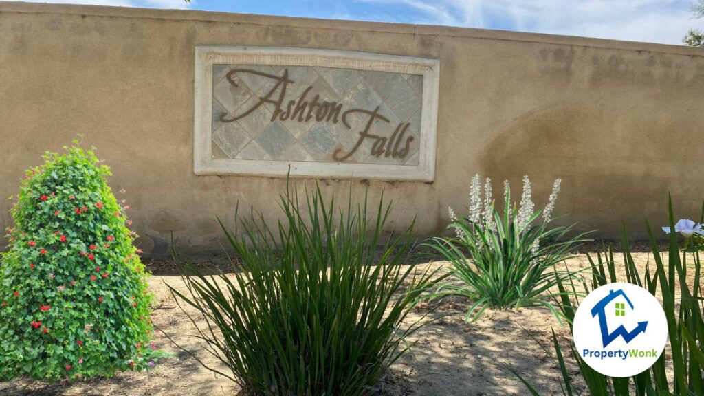 Signage at the entrance to the Ashton Falls neighborhood in Bakersfield.