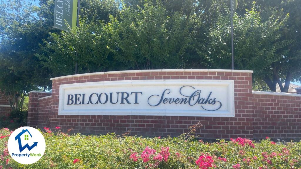 Signage at the entrance to the Belcourt at Seven Oaks neighborhood in Bakersfield.