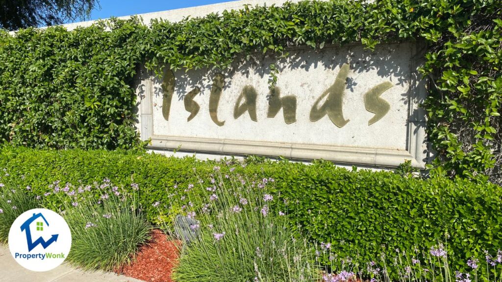 Signage at the entrance to the Islands neighborhood in Bakersfield.