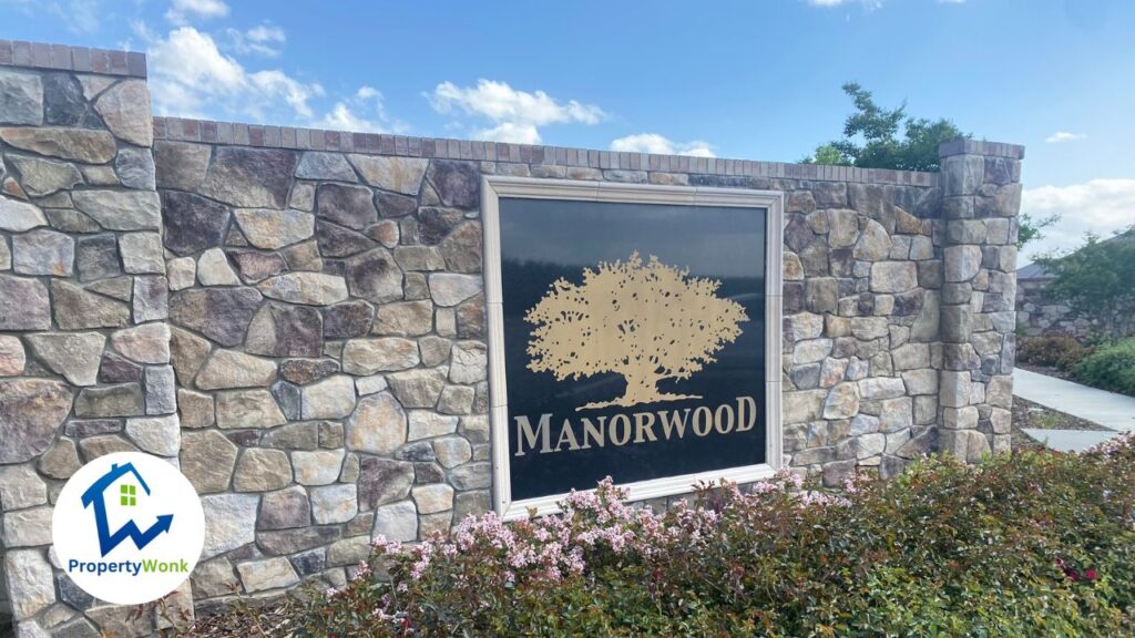 Signage at the entrance to the Manorwood neighborhood in Bakersfield.