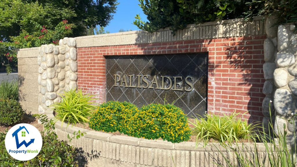 Signage at the entrance to the Palisades neighborhood in Bakersfield.