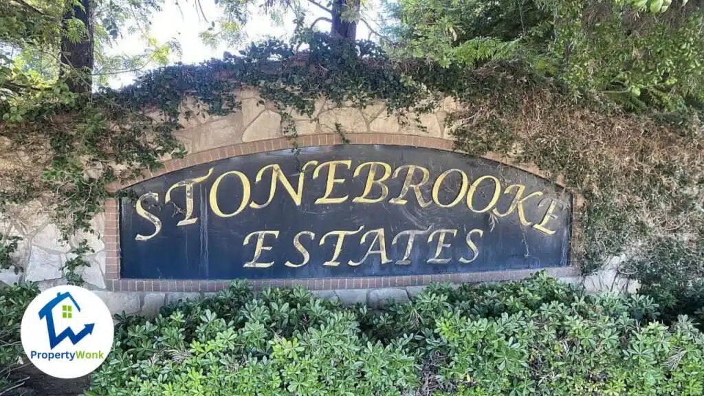 Signage at the entrance to the Stonebrooke Estates neighborhood in Bakersfield.