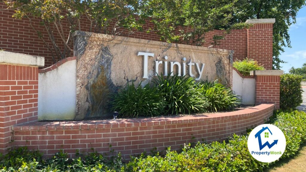 Signage at the entrance to the Trinity Estates neighborhood in Bakersfield.