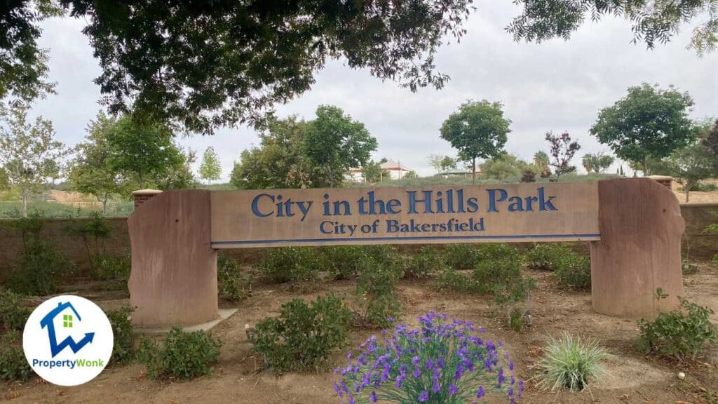 Signage at the entrance to the City In The Hills neighborhood in Bakersfield.
