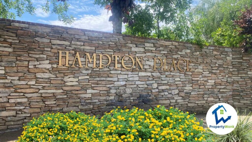 Signage at the entrance to the Hampton Place neighborhood in Bakersfield.