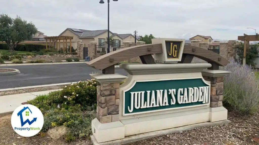 Signage at the entrance to the Juliana's Garden neighborhood in Bakersfield.