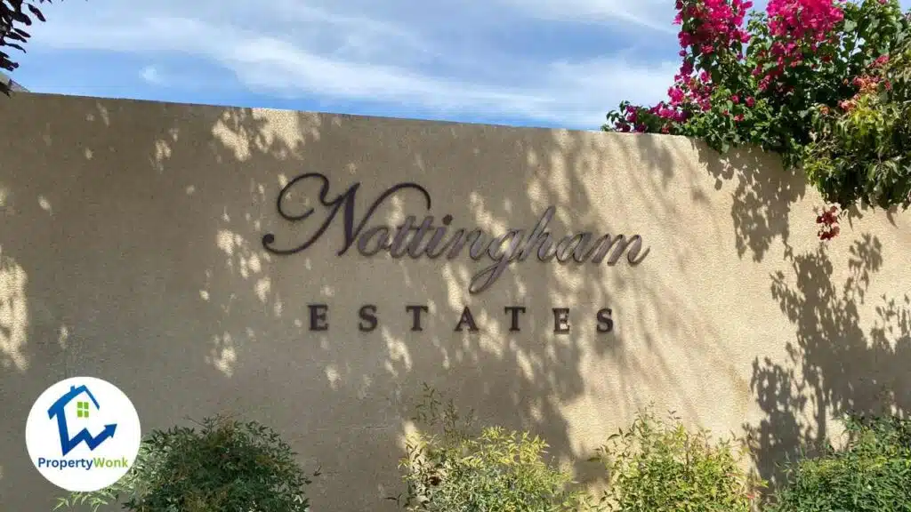 Signage at the entrance to the Nottingham Estates neighborhood in Bakersfield.