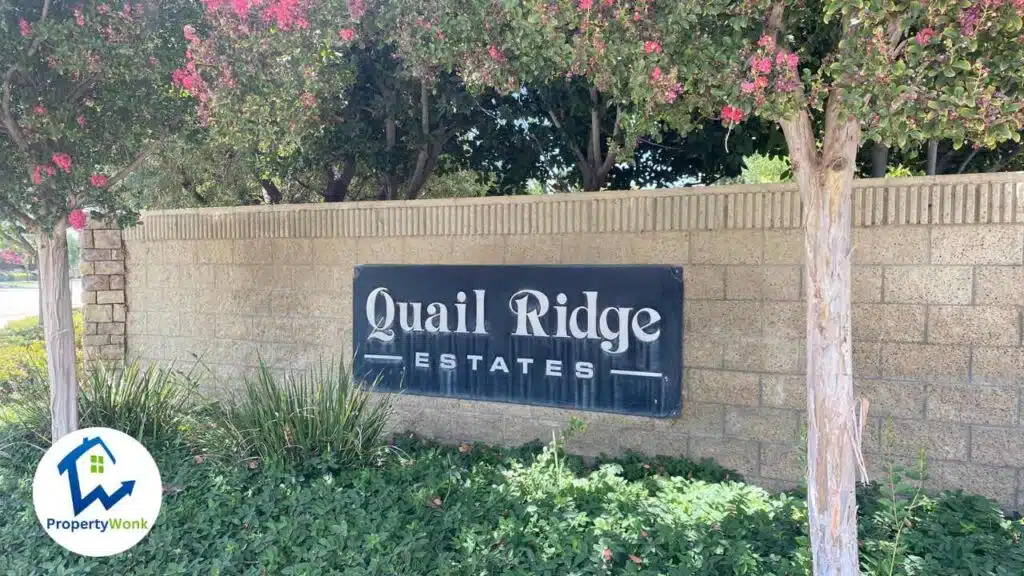 Signage at the entrance to the Quail Ridge Estates neighborhood in Bakersfield.