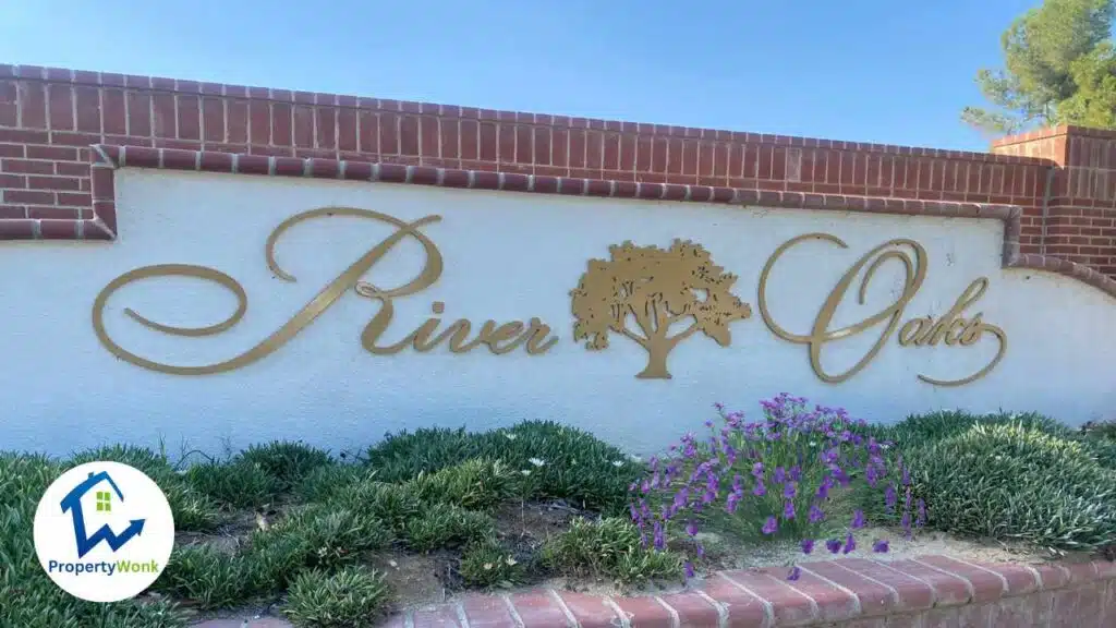 Signage at the entrance to the River Oaks neighborhood in Bakersfield.