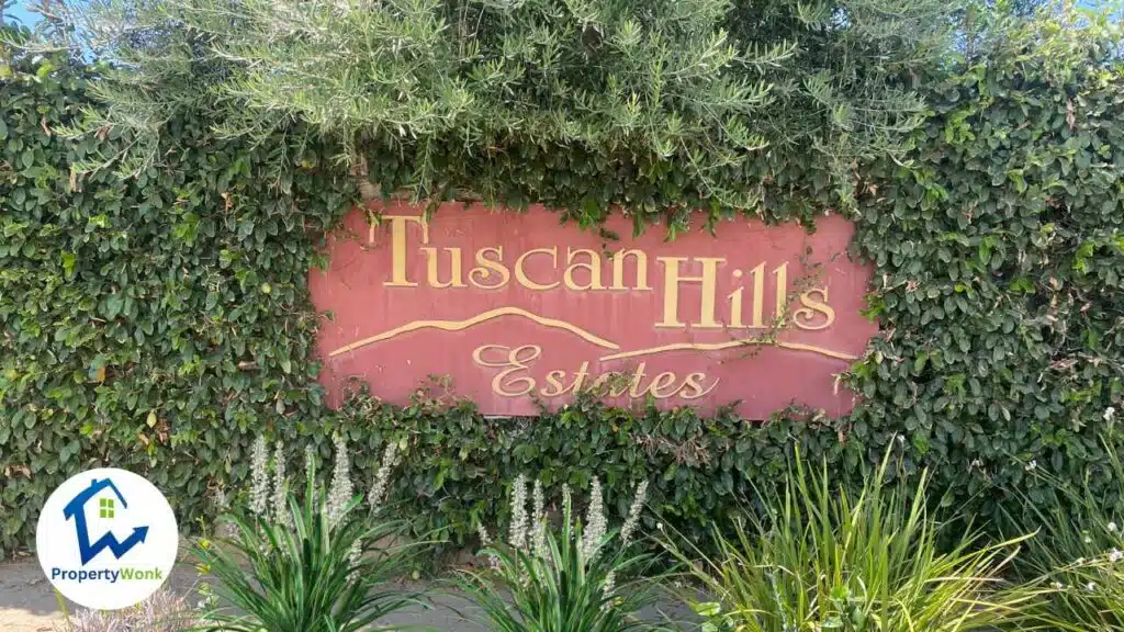 Signage at the entrance to the Tuscan Hills Estates neighborhood in Bakersfield.