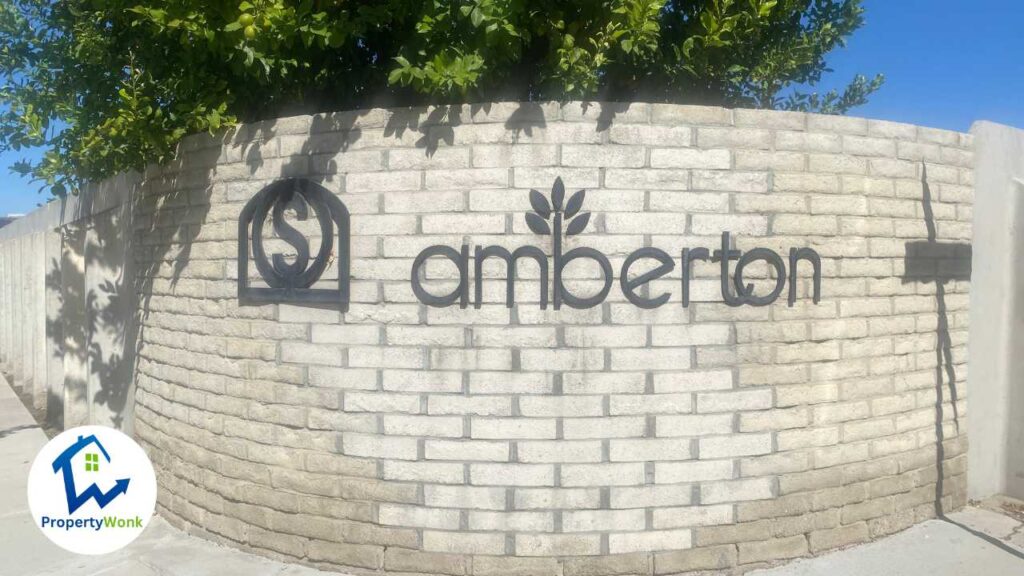 Signage at the entrance to the Amberton neighborhood in Bakersfield.