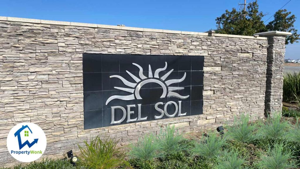 Signage at the entrance to the Del Sol neighborhood in Bakersfield.