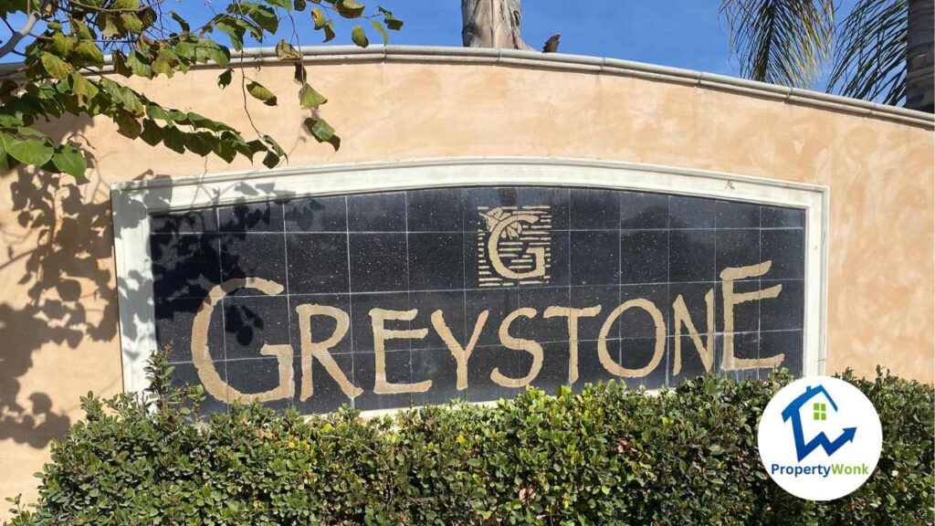 Signage at the entrance to the Greystone neighborhood in Bakersfield.