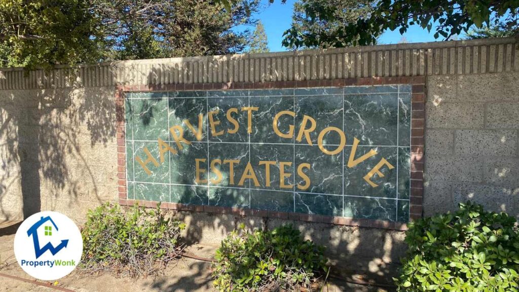 Signage at the entrance to the Harvest Grove Estates neighborhood in Bakersfield.