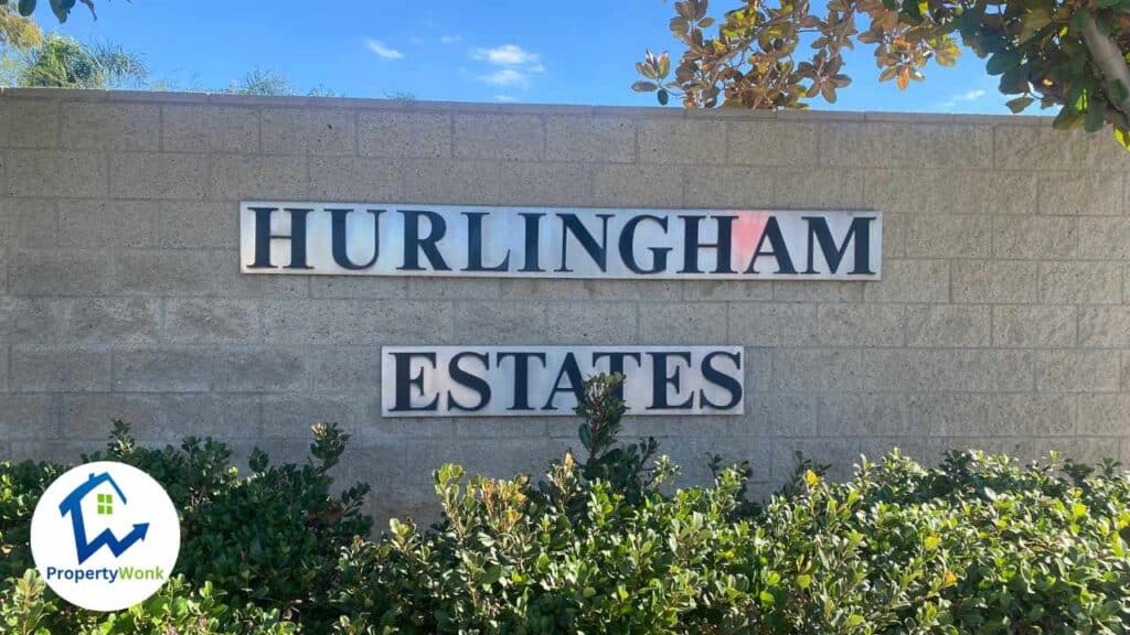 Signage at the entrance to the Hurlingham Estates neighborhood in Bakersfield.