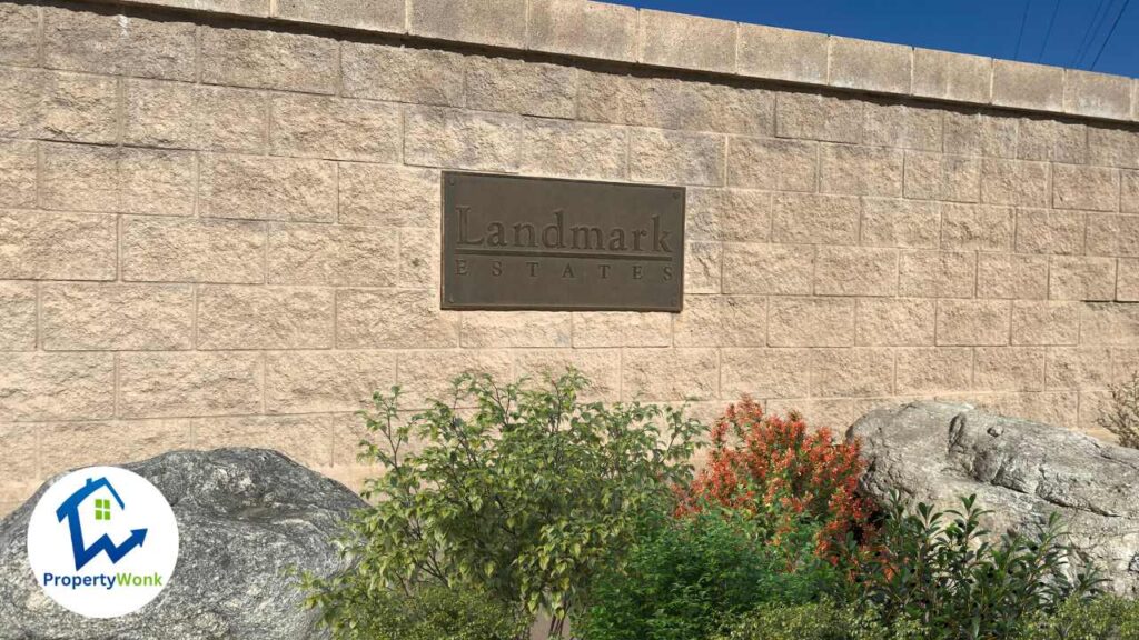 Signage at the entrance to the Landmark Estates neighborhood in Bakersfield.