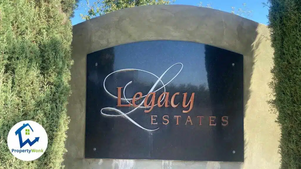 Signage at the entrance to the Legacy Estates at Heath Rd neighborhood in Bakersfield.