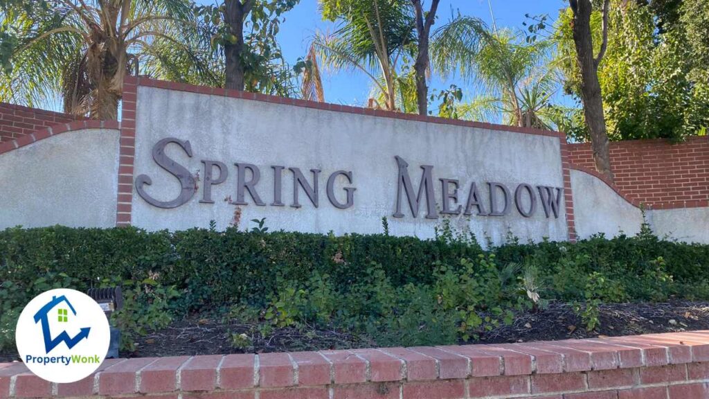 Signage at the entrance to the Spring Meadow neighborhood in Bakersfield.