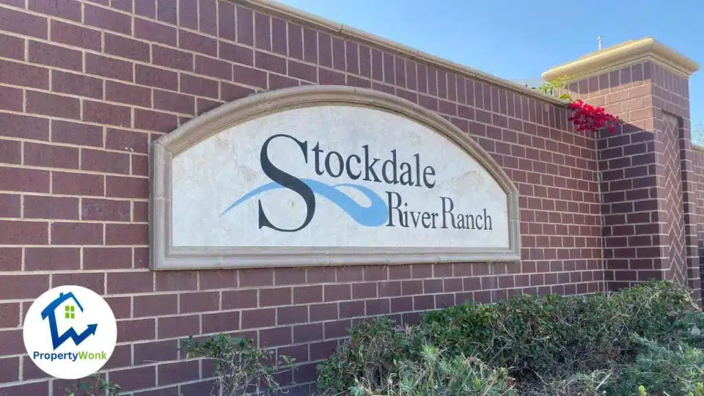 Signage at the entrance to the Stockdale River Ranch neighborhood in Bakersfield.