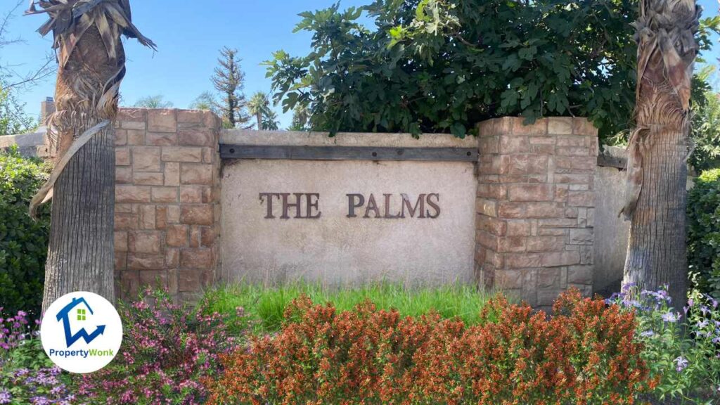 Signage at the entrance to the The Palms neighborhood in Bakersfield.