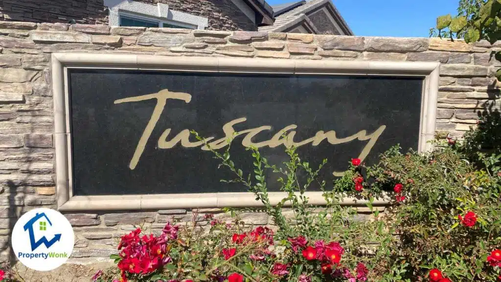 Signage at the entrance to the Tuscany (Northwest) neighborhood in Bakersfield.