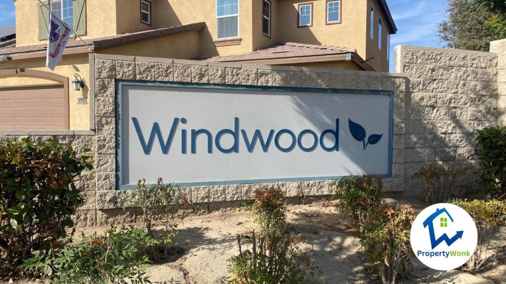 Signage at the entrance to the Windwood neighborhood in Bakersfield.