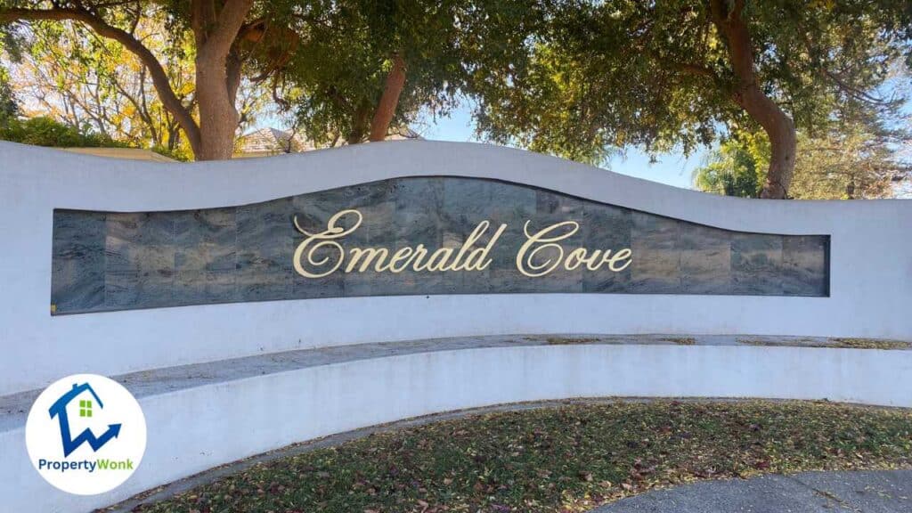 Signage at the entrance to the Emerald Cove neighborhood in Bakersfield.