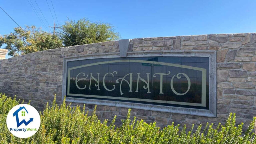 Signage at the entrance to the Encanto neighborhood in Bakersfield.