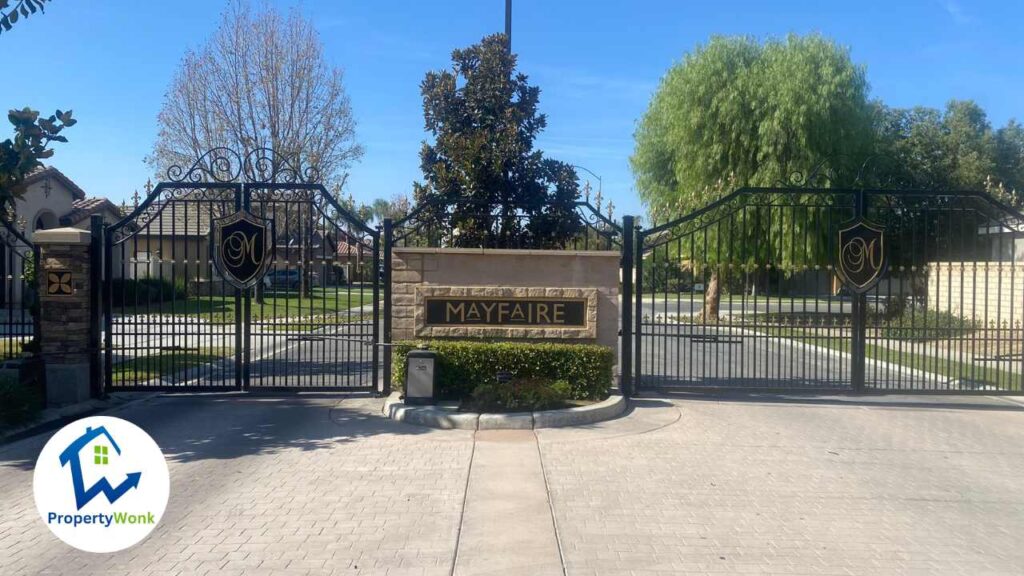 Gate at the entrance to the Mayfaire neighborhood in Bakersfield.