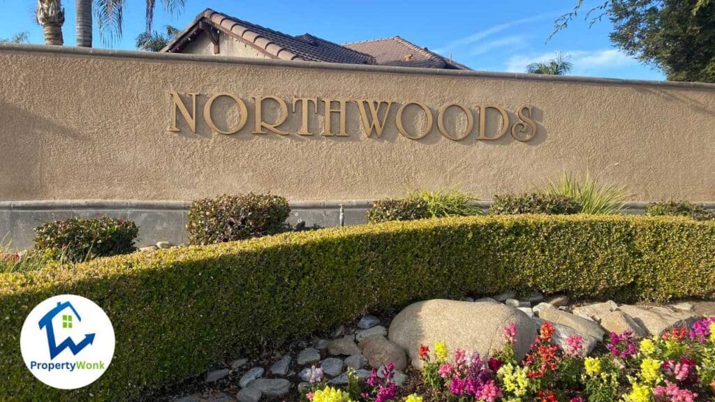 Signage at the entrance to the Northwoods neighborhood in Bakersfield.
