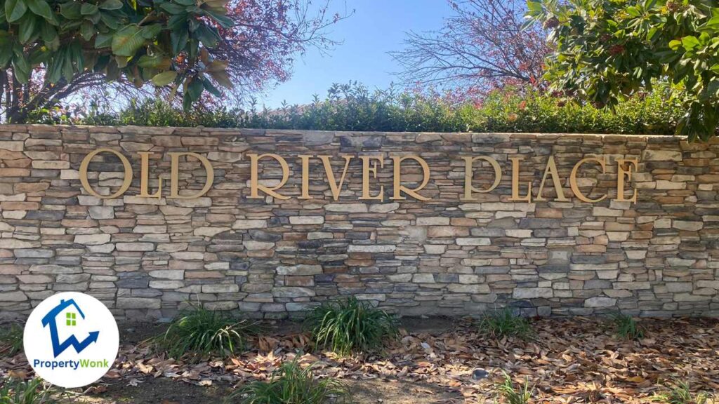 Signage at the entrance to the Old River Place neighborhood in Bakersfield.