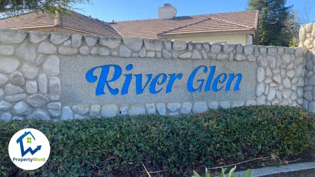 Signage at the entrance to the River Glen neighborhood in Bakersfield.