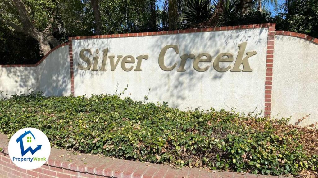 Signage at the entrance to the Silver Creek neighborhood in Bakersfield.