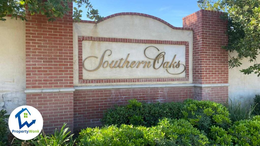 Signage at the entrance to the Southern Oaks neighborhood in Bakersfield.