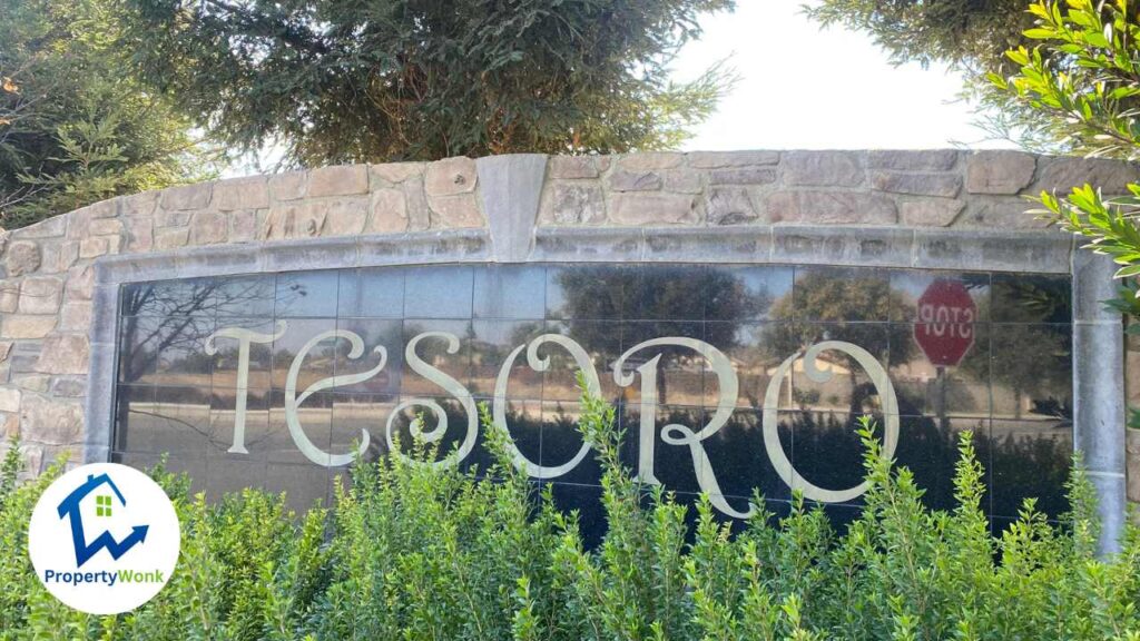 Signage at the entrance to the Tesoro neighborhood in Bakersfield.