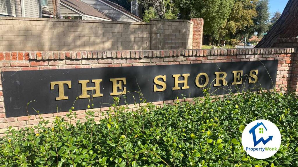 Signage at the entrance to the The Shores neighborhood in Bakersfield.