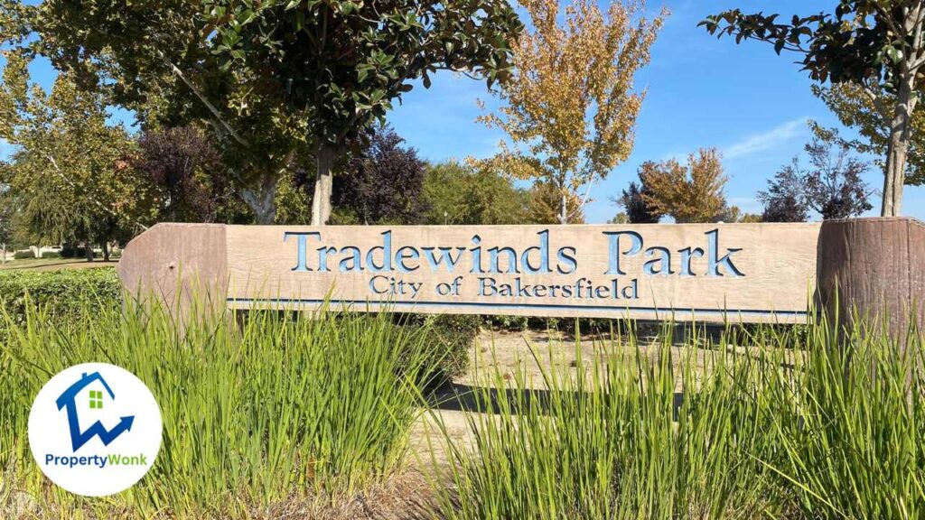 Signage at the entrance to the Tradewinds Park in Bakersfield