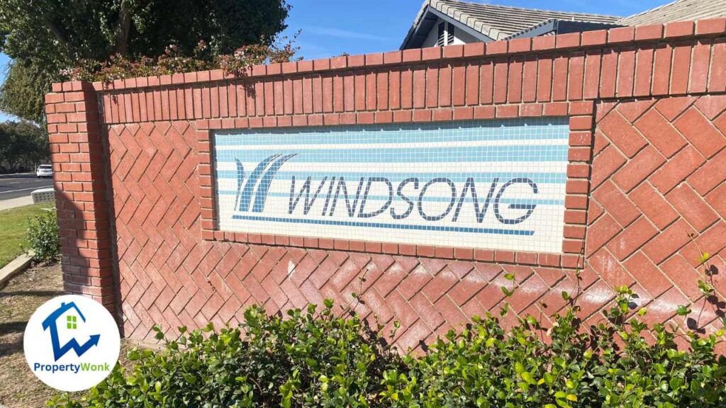 Signage at the entrance to the Windsong neighborhood in Bakersfield.