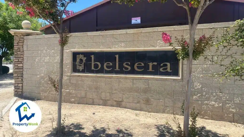 Signage at the entrance to the Belsera neighborhood in Bakersfield.