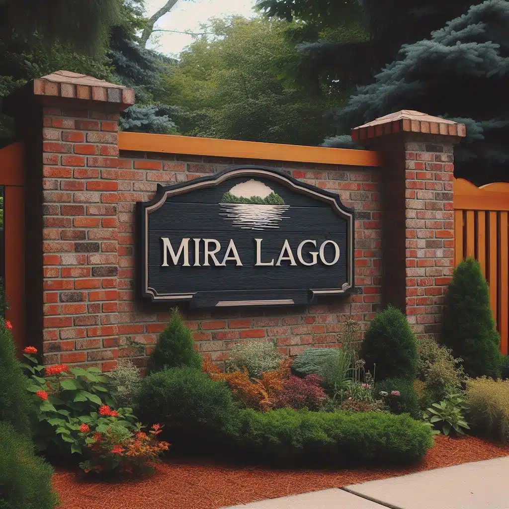 Signage for the Mira Lago neighborhood in Bakersfield.