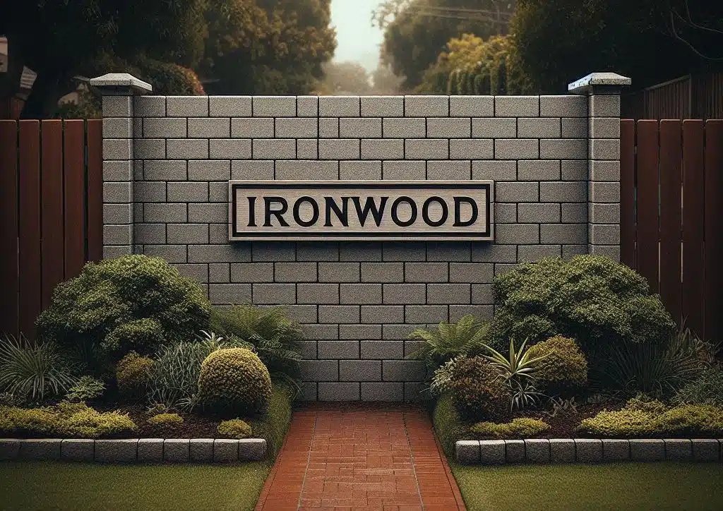 Signage at the entrance to the Ironwood neighborhood in Bakersfield.