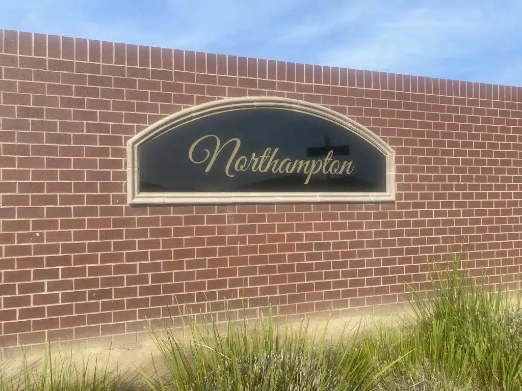 Signage at the entrance to Northampton in the Stockdale River Ranch neighborhood in Bakersfield.